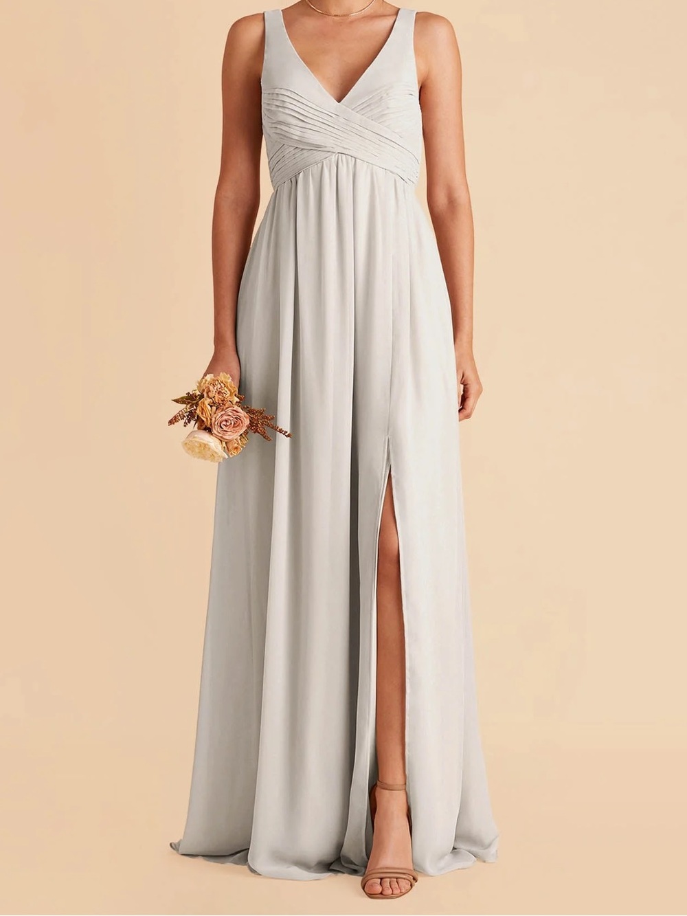 Birdy Grey Chiffon Bridesmaid Dress formal gown with Pleated V-neck in gray